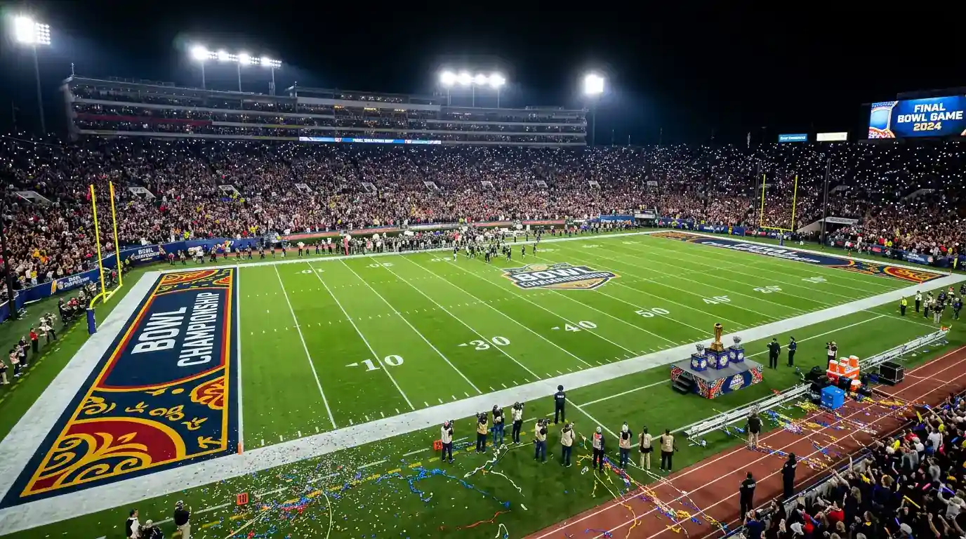 Campo de fútbol americano preparado para un bowl game de posttemporada con iluminación nocturna